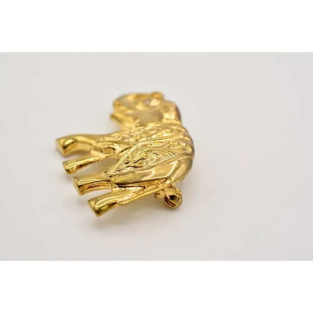 Vintage Elephant Pin Brooch Gold Rhinestone Antiqued Gold Tone Chunky 1980s 9B